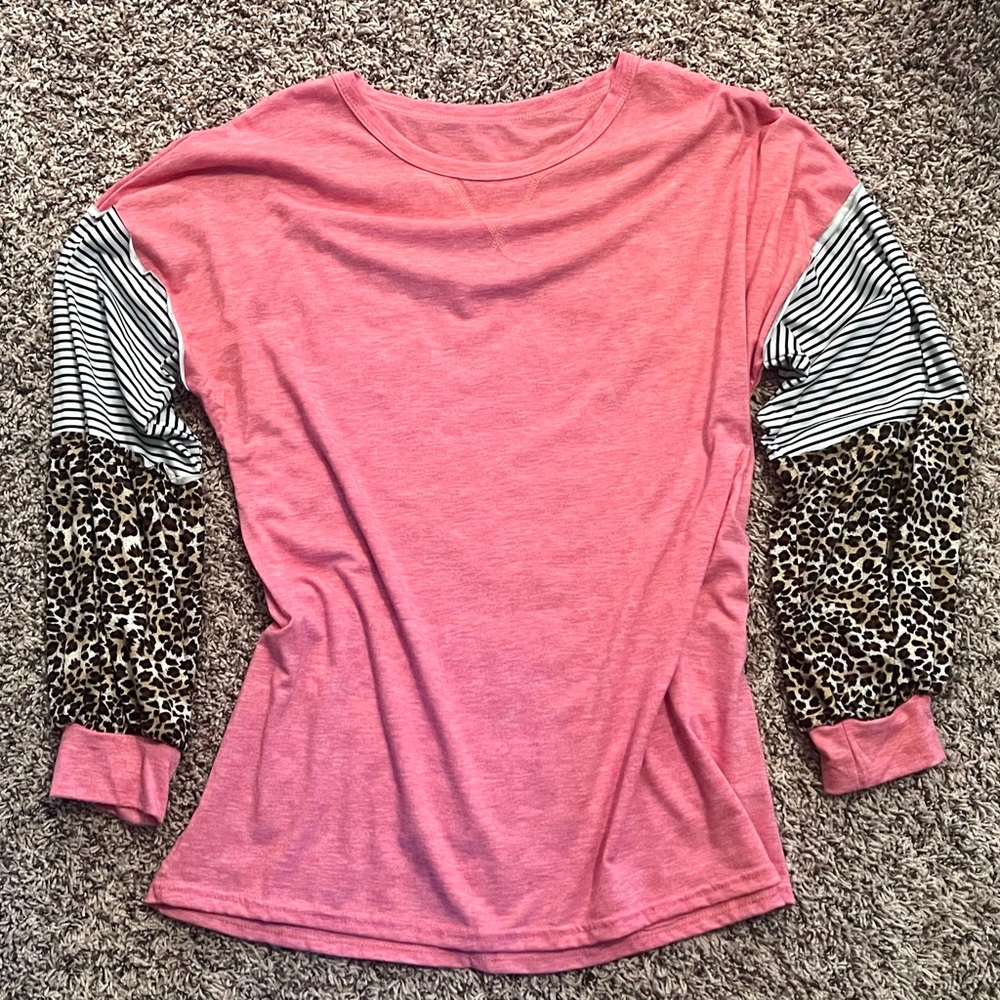Boutique top, pink body with animal print and stripe sleeve.  Size XXL